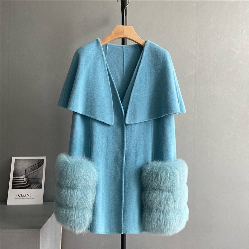 New 2023 Fall Winter Coats Luxury Women Real Lamb Wool Cashmere Fur Vest Waistcoat Stylish Long Real Fox Fur Jackets Cloak Coats - - DYAVOR®
