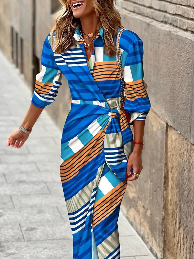Spring Summer Fashion Print Dress Blouse Neck Tie Mid Length Striped Skirt Casual Comfortable Street Women's Wear Dresses Robe - - DYAVOR®