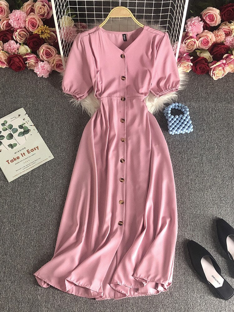 Female Clothing New Korean Version Loose Short Sleeve Dress with Waist Wrapped Cardigan Style Long Dress Formal Occasion Dresses - - DYAVOR®