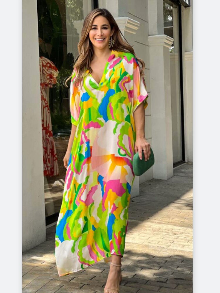 Summer Dress Women 2023 New V-neck Short-sleeved Dress Fashion Print Long Dresses Bohemian Style Fake Beach Skirt Woman Clothing - - DYAVOR®