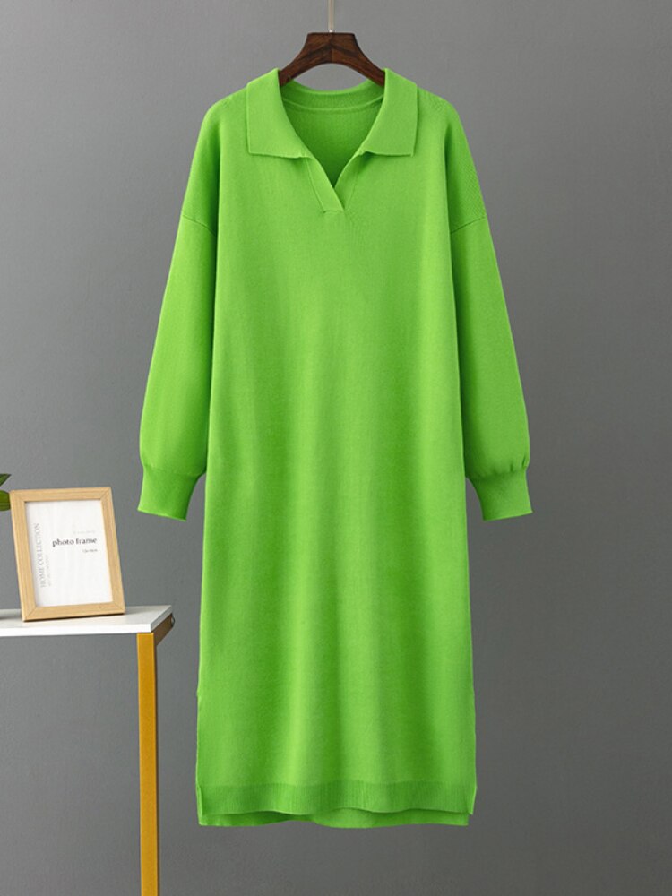 Long Dresses for Women Autumn Winter New Polo Neck Bottom Knit Sweater Loose Solid Color Ladies Dress Streetwear Female Clothing - - DYAVOR®