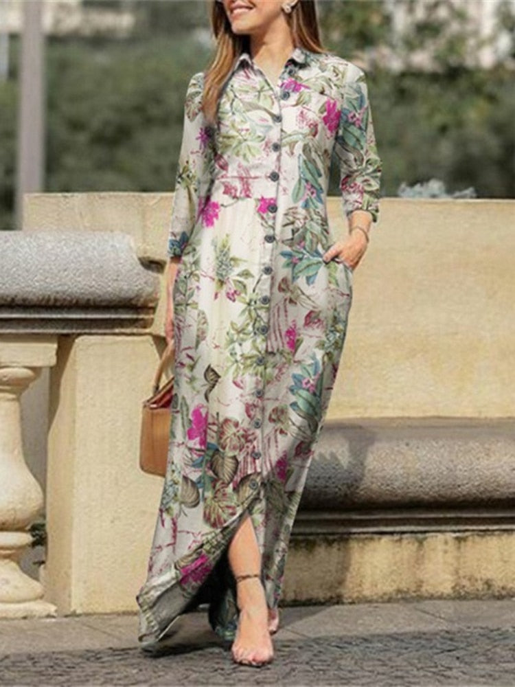 Female Dress Spring Summer 2023 New Fashion Printed Lapel Dress Oversized Loose Long Dresses Leisure Holiday Woman Clothing - - DYAVOR®
