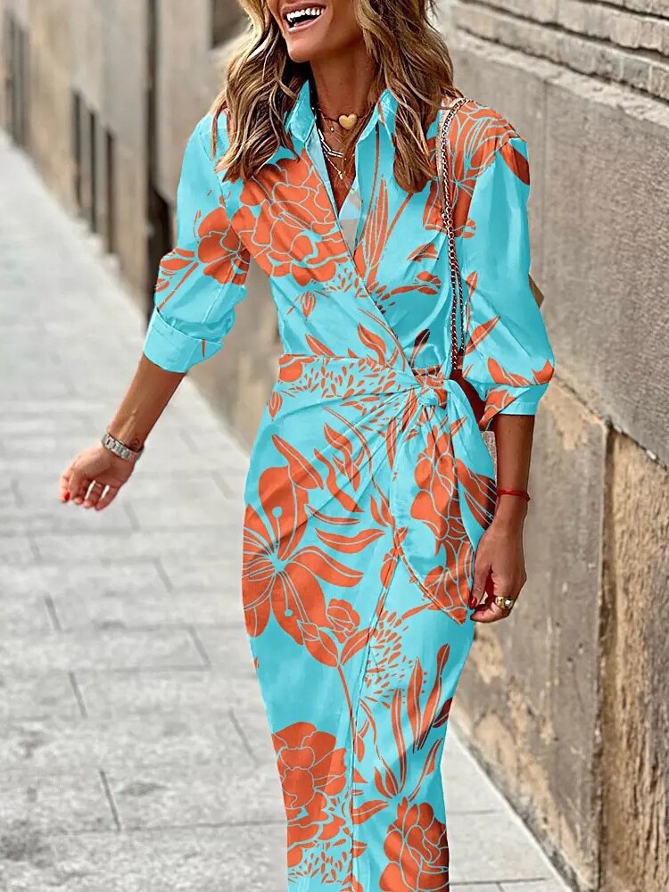 Spring Summer Fashion Print Dress Blouse Neck Tie Mid Length Striped Skirt Casual Comfortable Street Women's Wear Dresses Robe - - DYAVOR®