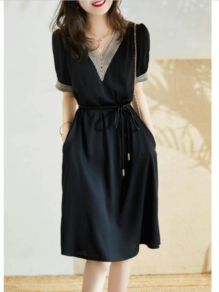 New Summer Elegant Dress V-neck Openwork Embroidered Lace Waist Slim Women's Commuter Casual Wear Dresses for Women Embroidery - - DYAVOR®