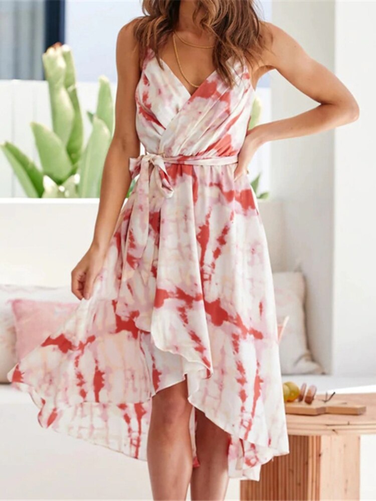Summer Dresses Woman 2022 Print Dress V-neck Waist Skirt Fashion Leisure Holiday Women's Dress Robe White Dress Office Lady - - DYAVOR®