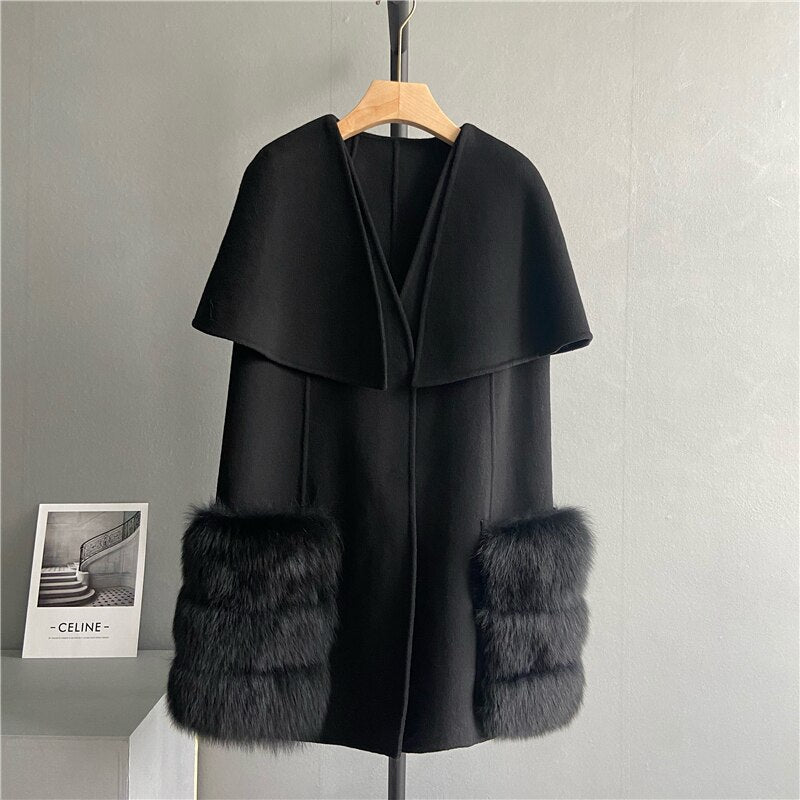 New 2023 Fall Winter Coats Luxury Women Real Lamb Wool Cashmere Fur Vest Waistcoat Stylish Long Real Fox Fur Jackets Cloak Coats - - DYAVOR®