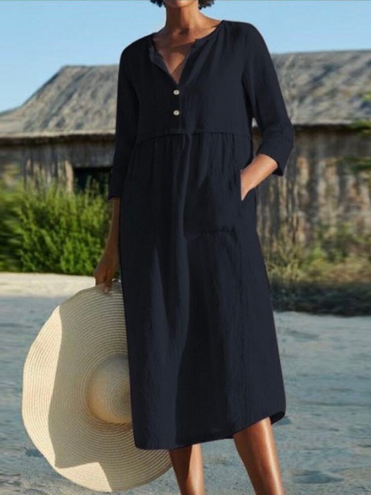 Dresses for Women 2023 Summer New Round Neck Button Solid Color Dress Oversize Loose Fit Long Dress Fashion Casual Streetwear - - DYAVOR®