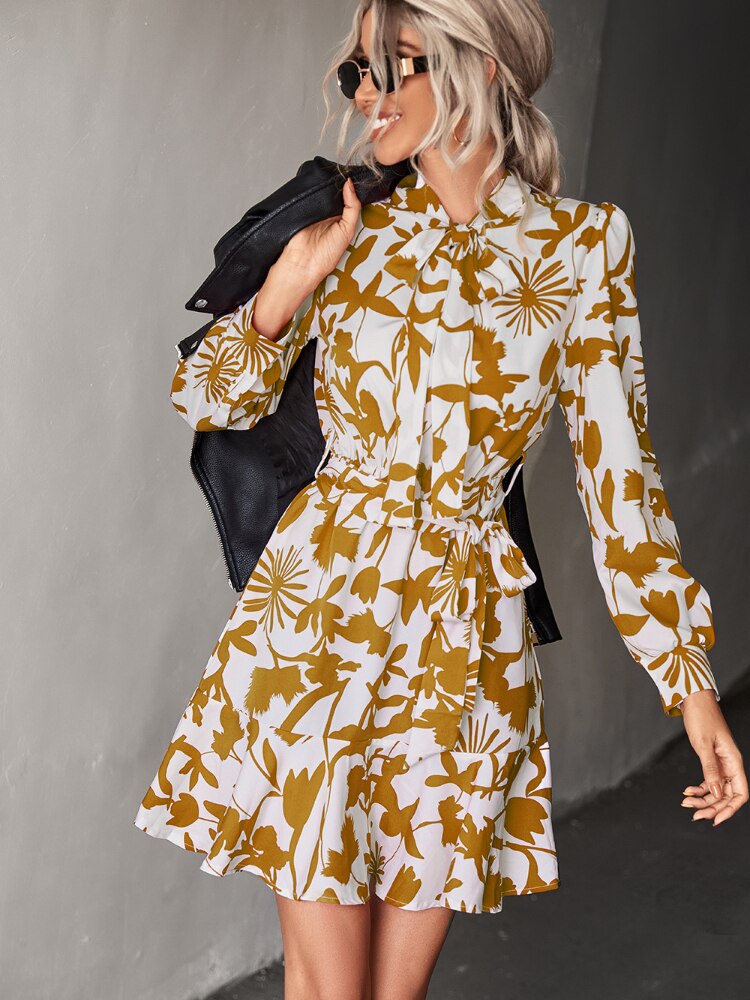 Fall Outfits Women Spring New Long-sleeved Crewneck Dress Lace-up Waist Short Skirt Temperament Commuter Women's Wear Dresses - - DYAVOR®