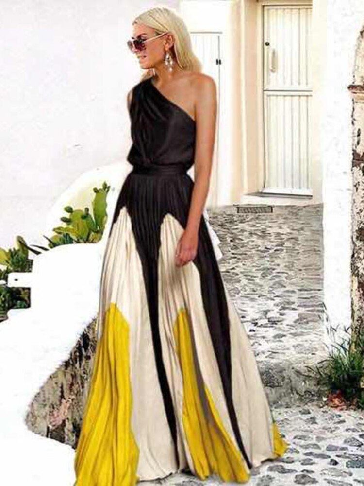 Spring Summer 2023 New Off-the-Shoulder Printed Sexy Dress Women Contrast Loose Spliced Long Dresses Formal Occasion Dresses - - DYAVOR®