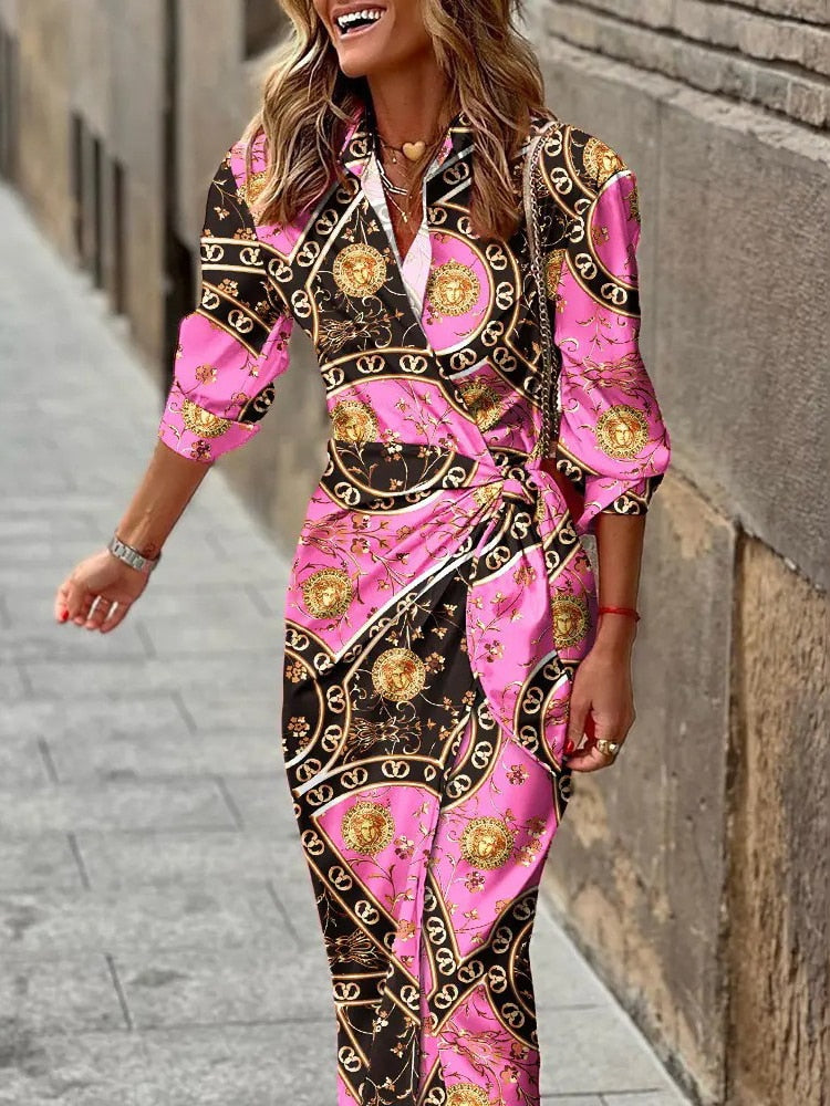 Spring Summer Fashion Print Dress Blouse Neck Tie Mid Length Striped Skirt Casual Comfortable Street Women's Wear Dresses Robe - - DYAVOR®