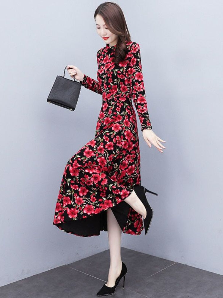 Spring Autumn New Korean Fashion Floral Long Sleeve Dresses Temperament Slim Mid Length Dress Oversize Woman Clothes Red Dress - - DYAVOR®