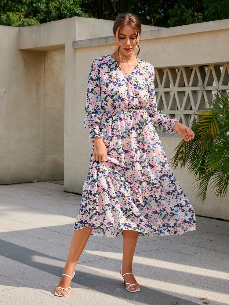 Elegant Dresses for Women New 2023 Spring Autumn V-neck Printed Chiffon Dresses Fashion Sexy Dress Streetwear Women Clothing - - DYAVOR®