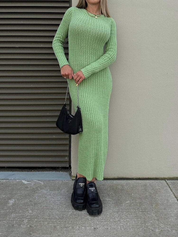 Green Dress Autumn Winter New Fashion Round Neck Women Sweater Slim Fit Long Sleeve Dress Streetwear Female Clothing Dresses - - DYAVOR®