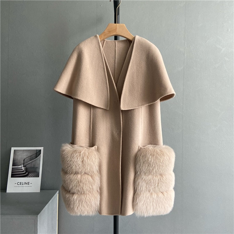 New 2023 Fall Winter Coats Luxury Women Real Lamb Wool Cashmere Fur Vest Waistcoat Stylish Long Real Fox Fur Jackets Cloak Coats - - DYAVOR®