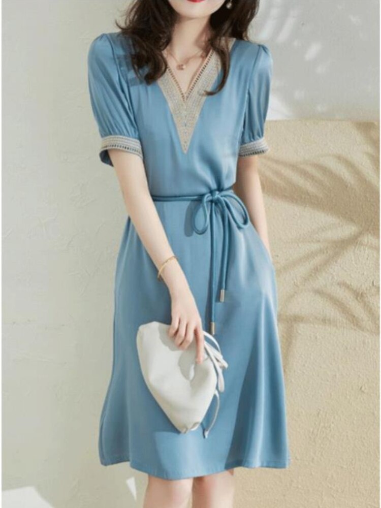 New Summer Elegant Dress V-neck Openwork Embroidered Lace Waist Slim Women's Commuter Casual Wear Dresses for Women Embroidery - - DYAVOR®