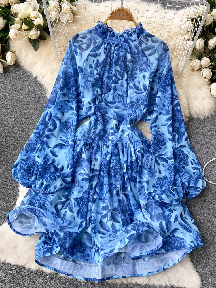 Clothes for Women New Fashion Print Open Back Sexy Dress Stand Up Neck Lace Up Long Sleeve Short Dresses Holidays Streetwear - - DYAVOR®