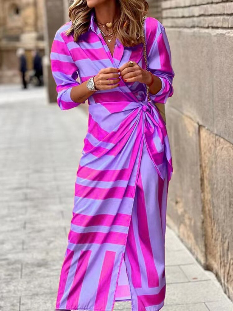 Spring Summer Fashion Print Dress Blouse Neck Tie Mid Length Striped Skirt Casual Comfortable Street Women's Wear Dresses Robe - - DYAVOR®