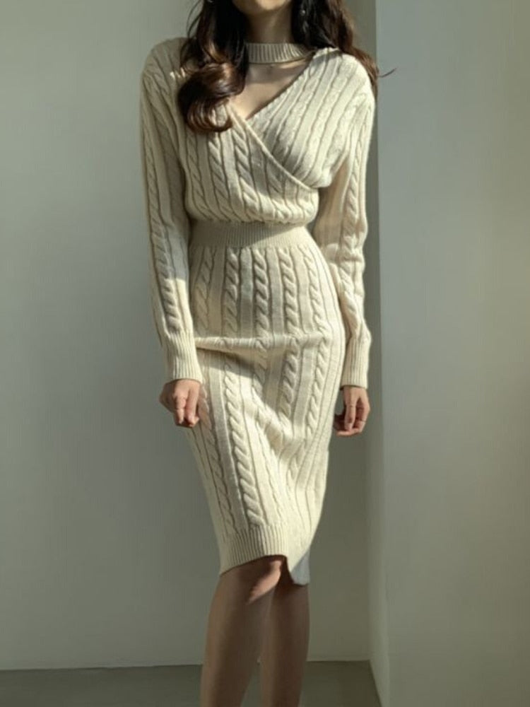 Retro Split Knit Dress Women's 2023 Autumn Winter New Waist Slimming Bottoming Sweater Skirt Dress for Women Sweaters Dresses - - DYAVOR®