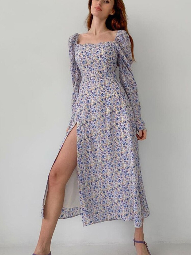 Clothes for Women Spring Summer 2023 New Long Sleeve Slit Sexy Dress Women Square Collar Floral Dresses Formal Occasion Dresses - - DYAVOR®