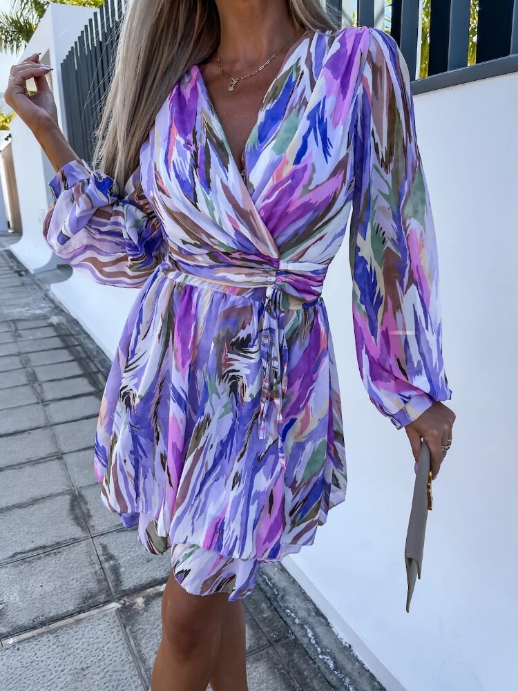 Summer Dress Woman 2023 Trendy New In Dresses V-neck Long-sleeved Dress Chiffon Printed Skirt Party Dresses Womens Clothing - - DYAVOR®