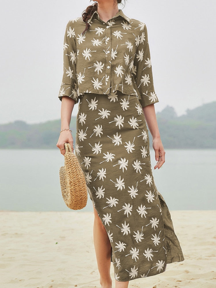 Two Piece Set for Women 2023 Spring Summer New Women's Floral Skirt Suit Shirt Temperament Elegant Print Split Skirt Dresses - - DYAVOR®