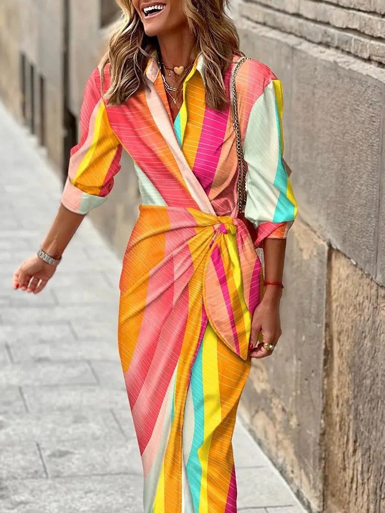 Spring Summer Fashion Print Dress Blouse Neck Tie Mid Length Striped Skirt Casual Comfortable Street Women's Wear Dresses Robe - - DYAVOR®