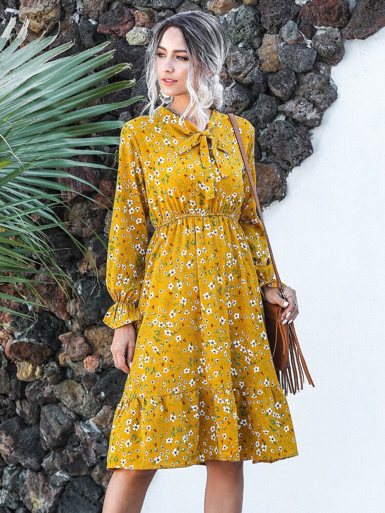 Women Clothing New Bow Long Sleeve Dress for Spring Summer Fashion Print Lacy Long Skirt Casual Resort Womenswear Womens Dresses - - DYAVOR®
