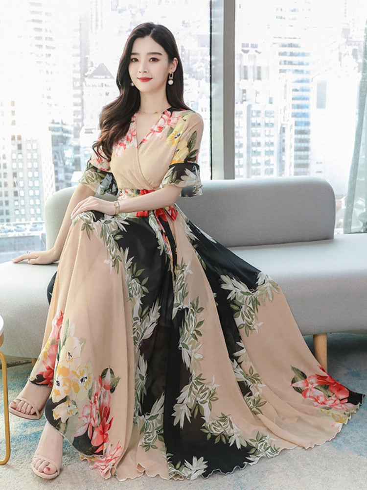 Dress for Women 2023 Summer New Fashion Chiffon Dress Printed Long Dresses Woman Clothing Temperament Elegant Women's Dresses - - DYAVOR®