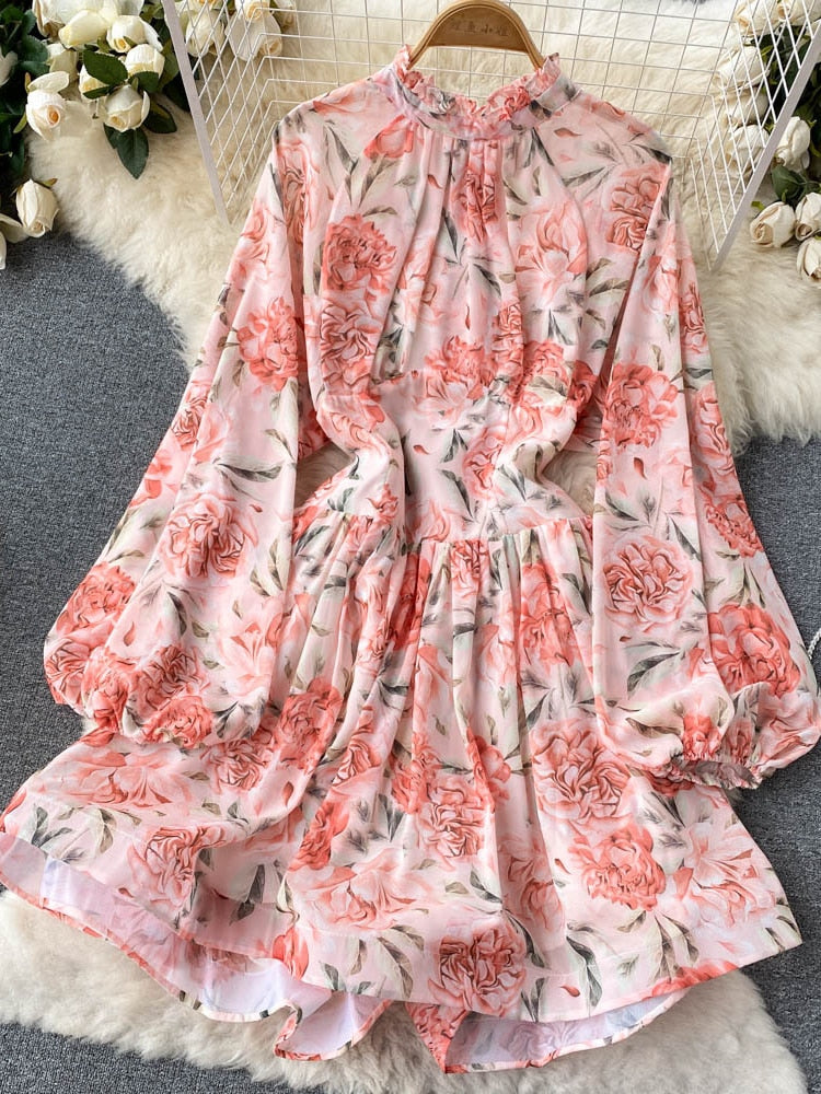 Clothes for Women New Fashion Print Open Back Sexy Dress Stand Up Neck Lace Up Long Sleeve Short Dresses Holidays Streetwear - - DYAVOR®