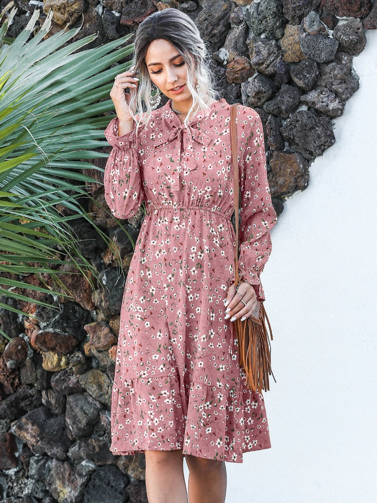 Women Clothing New Bow Long Sleeve Dress for Spring Summer Fashion Print Lacy Long Skirt Casual Resort Womenswear Womens Dresses - - DYAVOR®