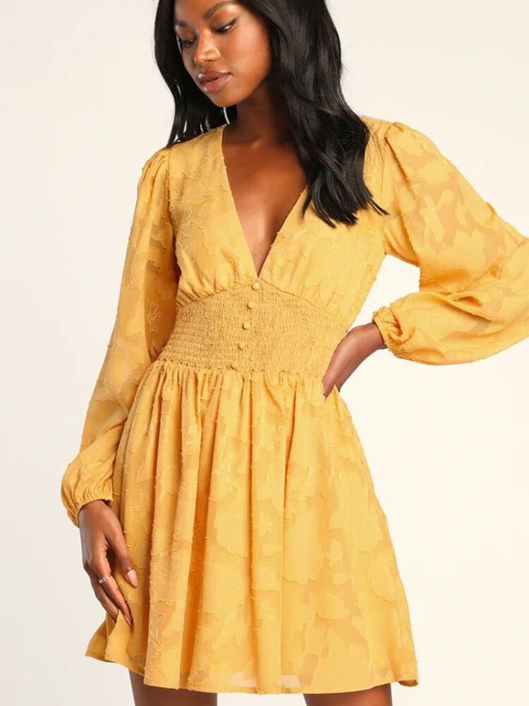 Elegant Party Dresses for Women New Long Sleeved V-neck Chiffon White Dress Fashion Hollow Out Jacquard A-line Short Skirt - - DYAVOR®
