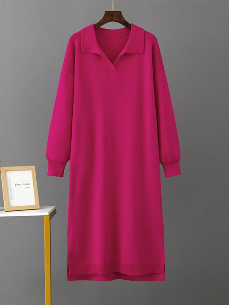 Long Dresses for Women Autumn Winter New Polo Neck Bottom Knit Sweater Loose Solid Color Ladies Dress Streetwear Female Clothing - - DYAVOR®
