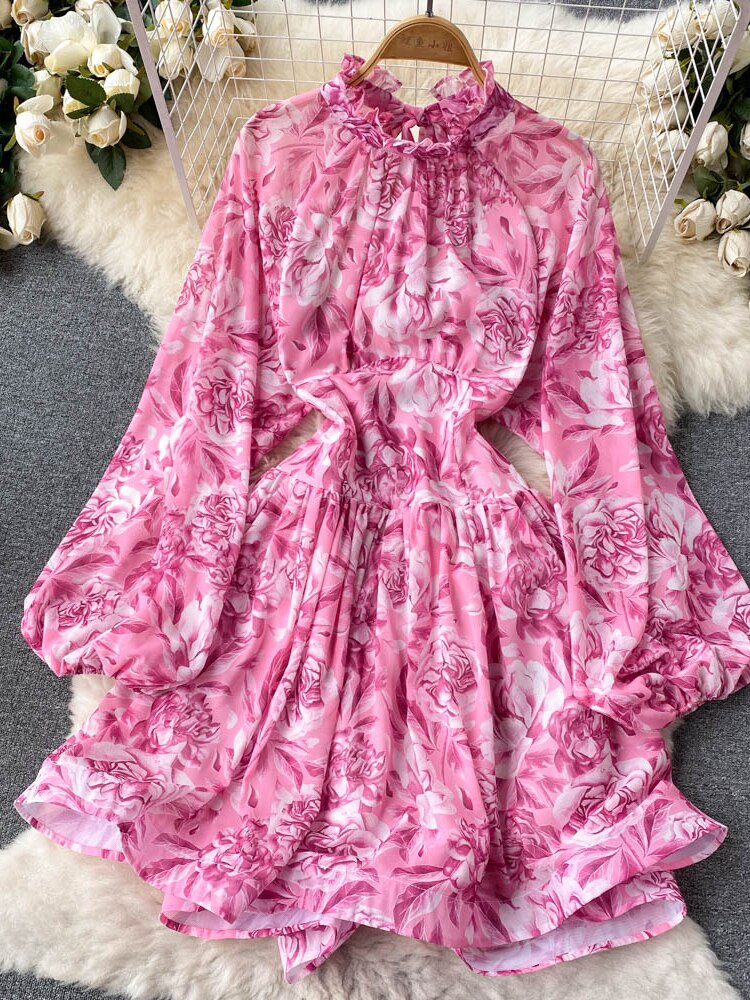 Clothes for Women New Fashion Print Open Back Sexy Dress Stand Up Neck Lace Up Long Sleeve Short Dresses Holidays Streetwear - - DYAVOR®