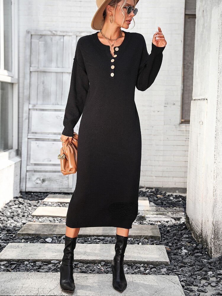 Loose Long Dresses New Button Knit Dress In Autumn Winter 2023 Fashion Temperament Commuter Women Sweater Streetwear White Dress - - DYAVOR®