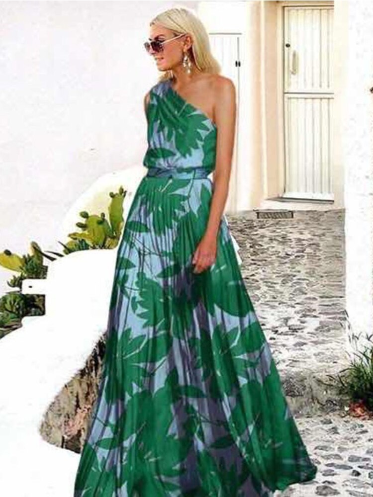 Spring Summer 2023 New Off-the-Shoulder Printed Sexy Dress Women Contrast Loose Spliced Long Dresses Formal Occasion Dresses - - DYAVOR®