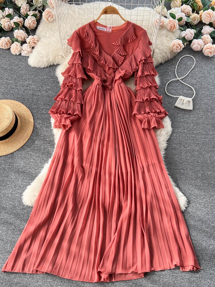 Party Dresses 2023 New V-neck Pleated Cake Sleeve Waist Long Skirt Fashion Sexy Dress Formal Occasion Dresses Woman Clothing - - DYAVOR®