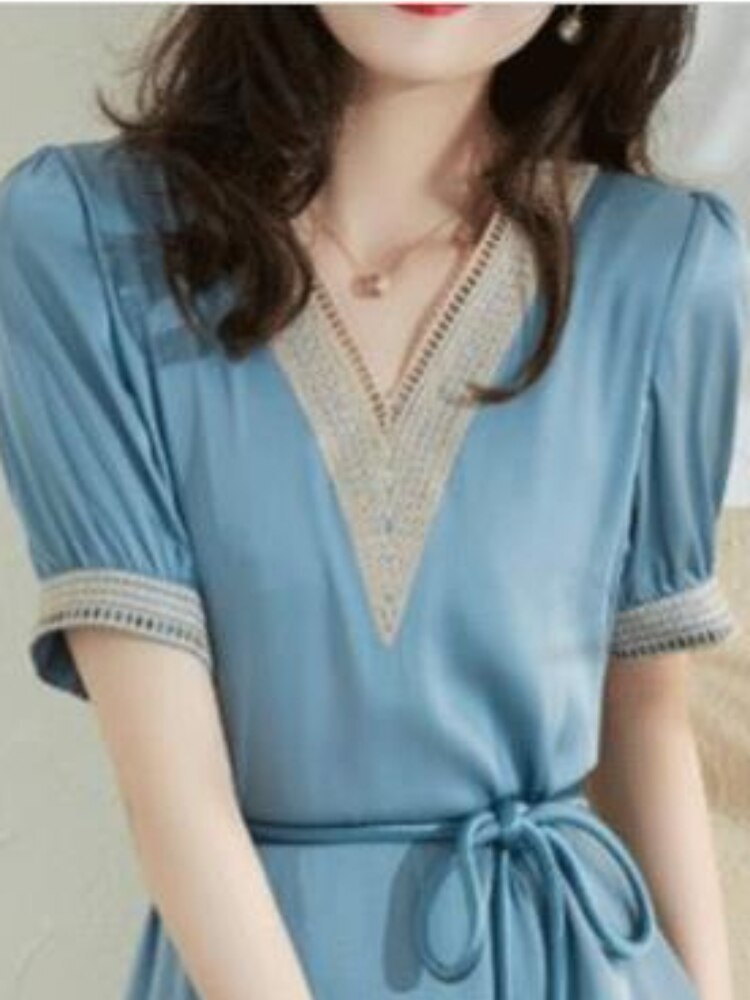 New Summer Elegant Dress V-neck Openwork Embroidered Lace Waist Slim Women's Commuter Casual Wear Dresses for Women Embroidery - - DYAVOR®