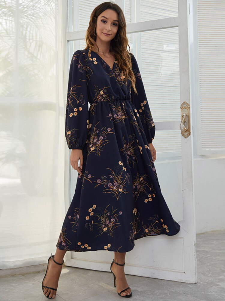 Women Clothing 2023 Spring Summer New V-neck Print Sexy Dress Fashion Elegant Long Sleeve Dresses Casual Holiday Party Dresses - - DYAVOR®