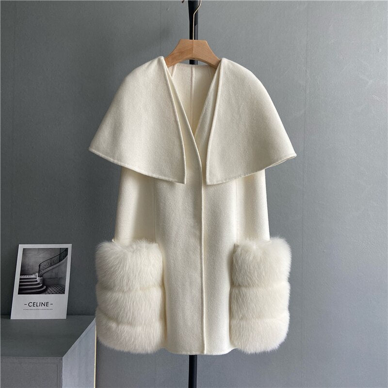 New 2023 Fall Winter Coats Luxury Women Real Lamb Wool Cashmere Fur Vest Waistcoat Stylish Long Real Fox Fur Jackets Cloak Coats - - DYAVOR®