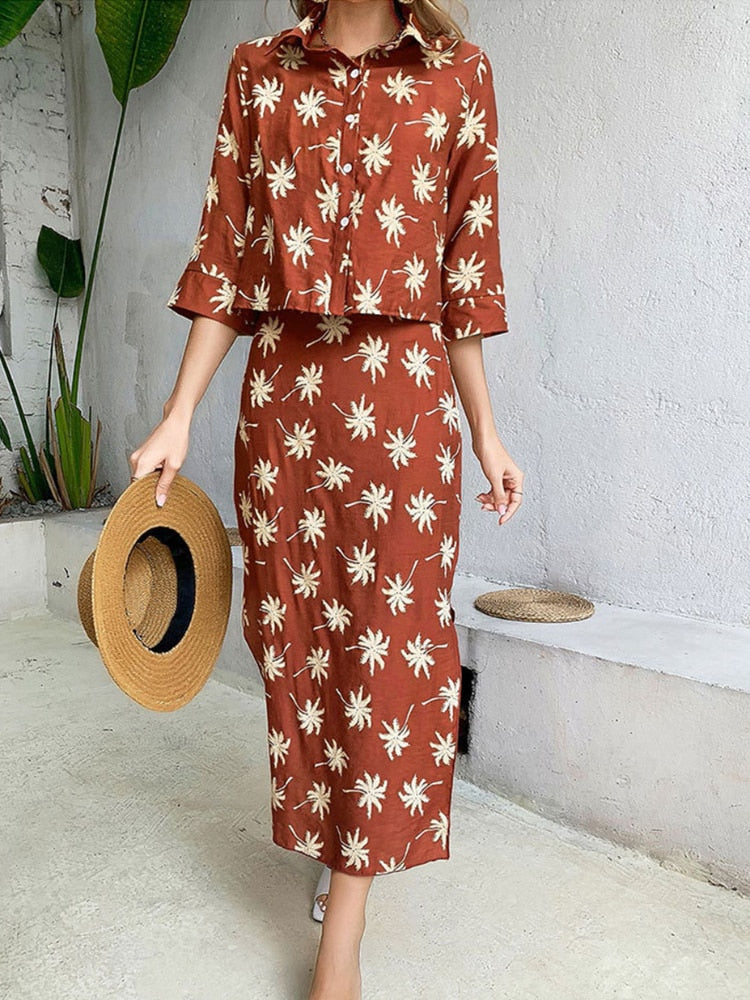 Two Piece Set for Women 2023 Spring Summer New Women's Floral Skirt Suit Shirt Temperament Elegant Print Split Skirt Dresses - - DYAVOR®