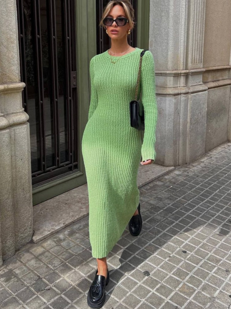 Green Dress Autumn Winter New Fashion Round Neck Women Sweater Slim Fit Long Sleeve Dress Streetwear Female Clothing Dresses - - DYAVOR®