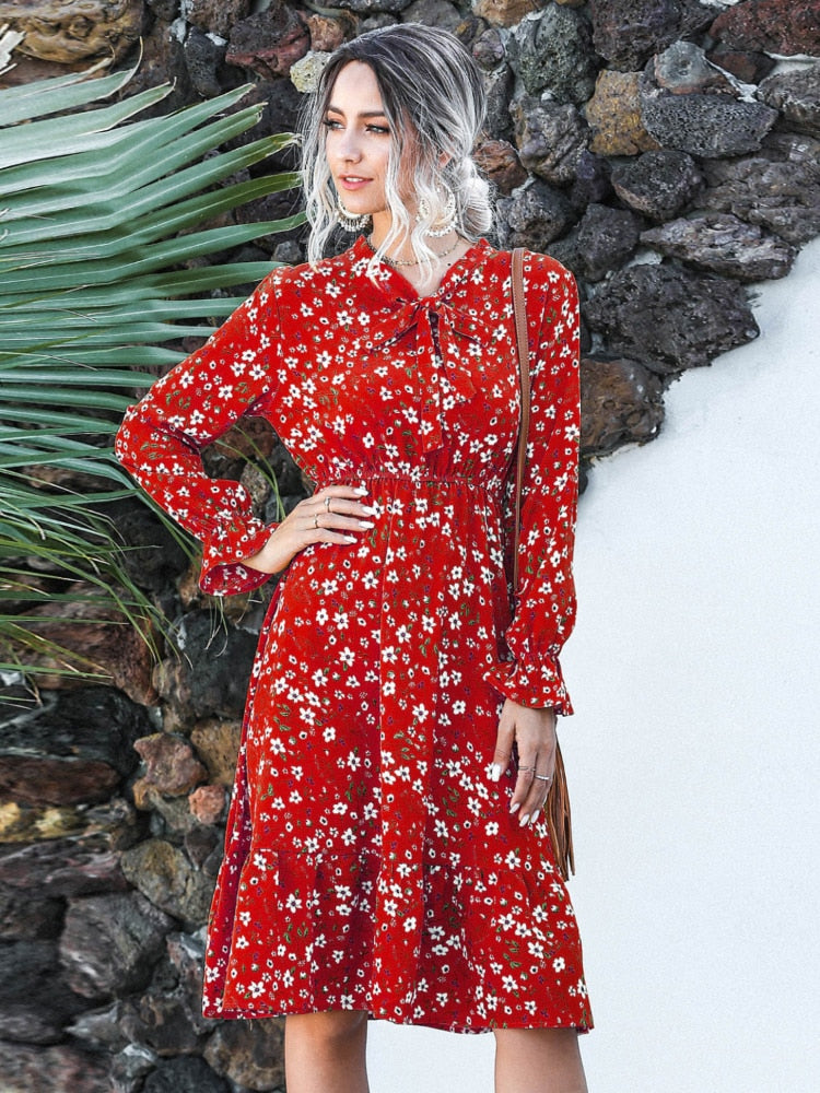 Women Clothing New Bow Long Sleeve Dress for Spring Summer Fashion Print Lacy Long Skirt Casual Resort Womenswear Womens Dresses - - DYAVOR®