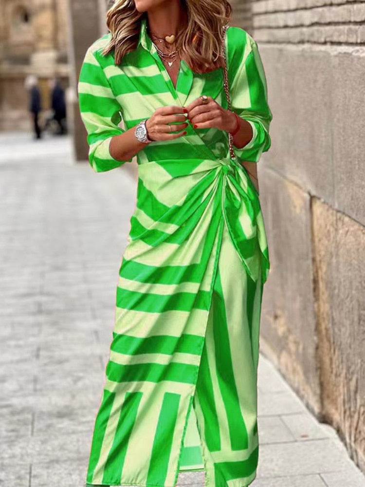 Spring Summer Fashion Print Dress Blouse Neck Tie Mid Length Striped Skirt Casual Comfortable Street Women's Wear Dresses Robe - - DYAVOR®