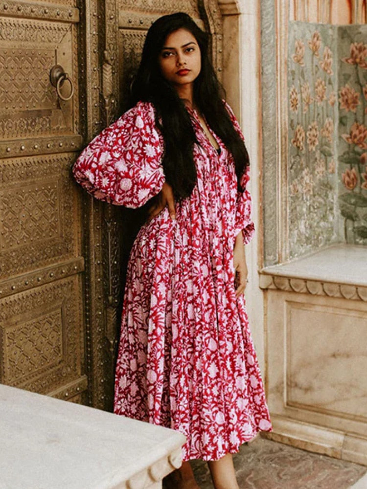 Dresses for Women 2023 New Spring Summer Printed Sexy Dress Women's Balloon Sleeve Dresses Bohemian Resort-inspired Beachwear - - DYAVOR®