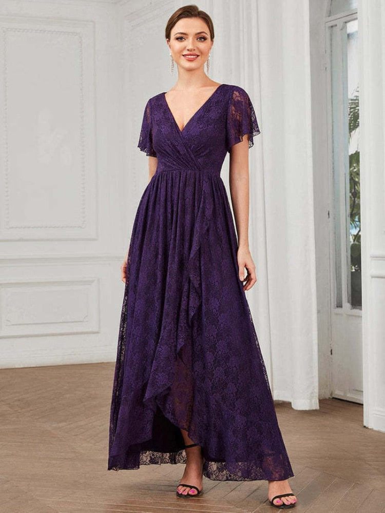Elegant Party Dresses for Women 2023 New Lace Short Sleeve V-neck Evening Dress Irregular Wavy Dress Oversized Female Clothing - - DYAVOR®