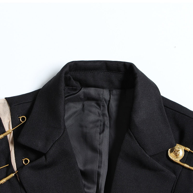 Black Blazer With Golden Safety Pin Trims - - DYAVOR®