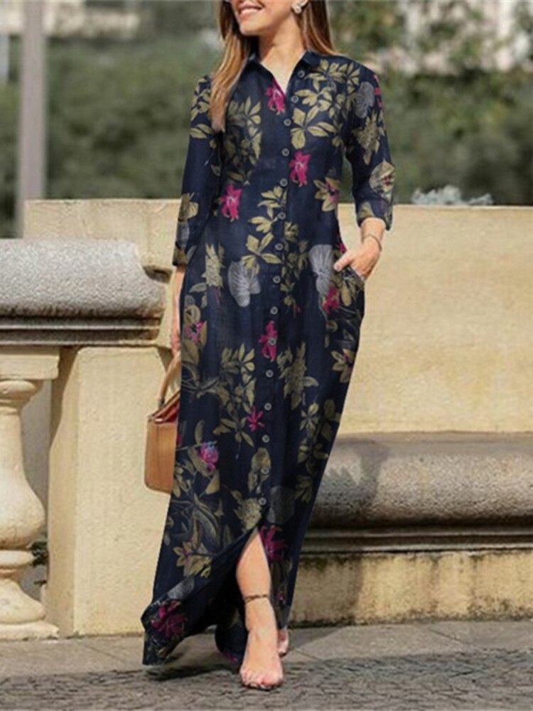 Female Dress Spring Summer 2023 New Fashion Printed Lapel Dress Oversized Loose Long Dresses Leisure Holiday Woman Clothing - - DYAVOR®