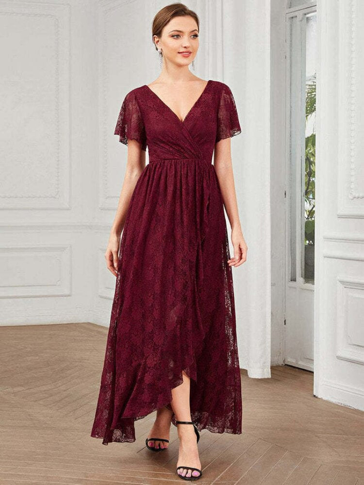 Elegant Party Dresses for Women 2023 New Lace Short Sleeve V-neck Evening Dress Irregular Wavy Dress Oversized Female Clothing - - DYAVOR®