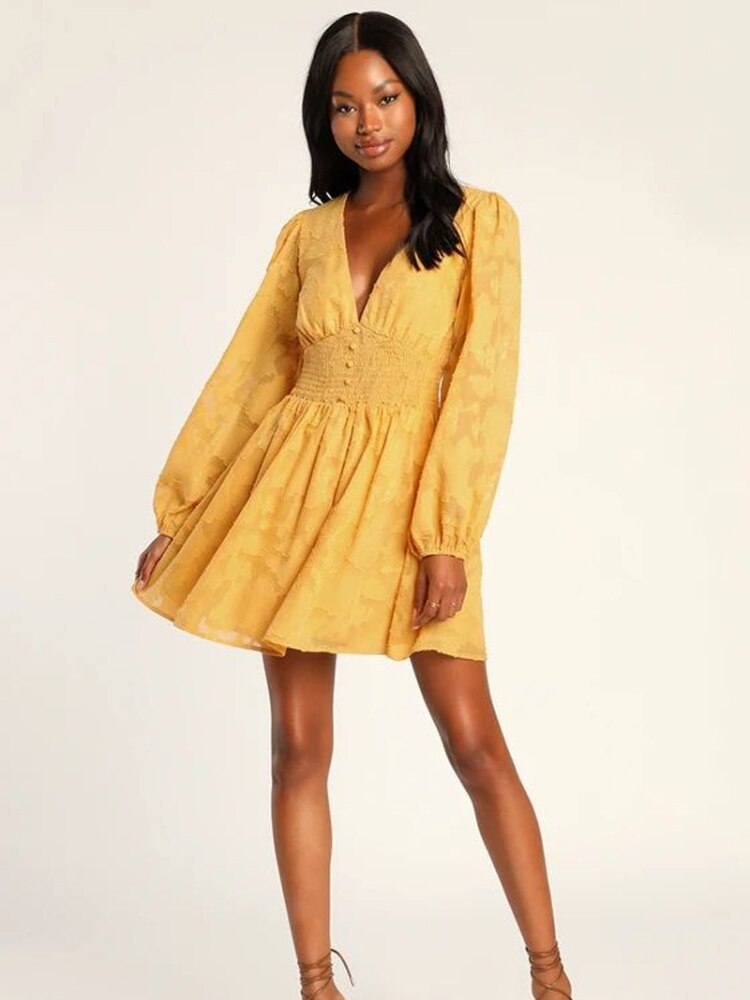 Elegant Party Dresses for Women New Long Sleeved V-neck Chiffon White Dress Fashion Hollow Out Jacquard A-line Short Skirt - - DYAVOR®