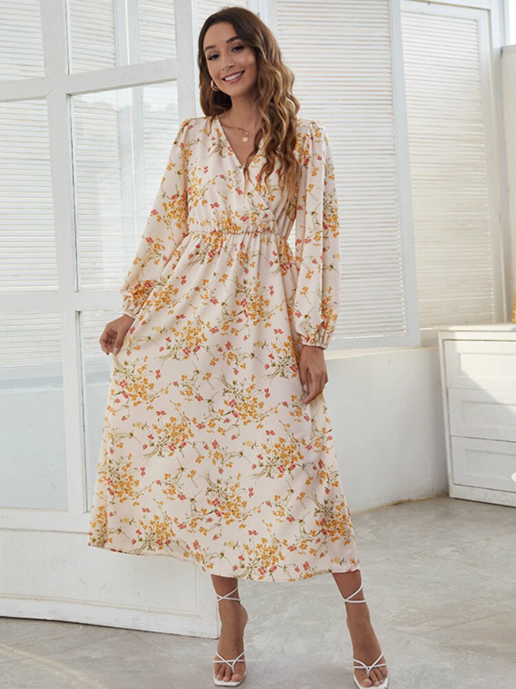 Women Clothing 2023 Spring Summer New V-neck Print Sexy Dress Fashion Elegant Long Sleeve Dresses Casual Holiday Party Dresses - - DYAVOR®